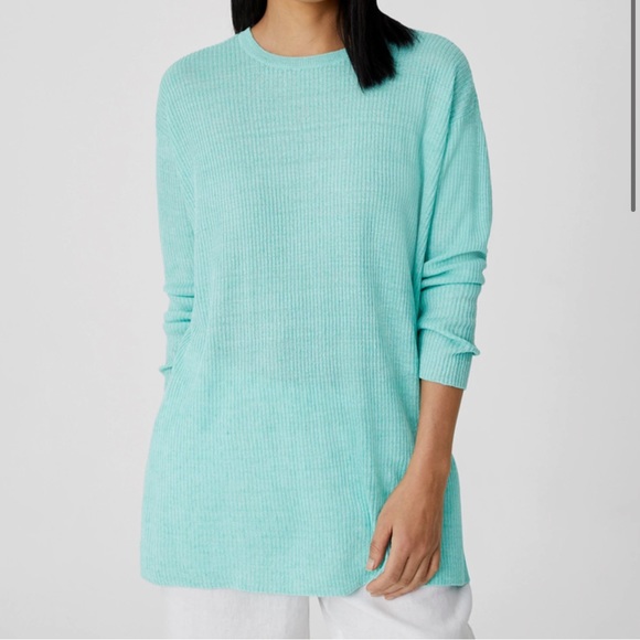 Eileen Fisher Organic Linen Delave Crew Neck Top  Boxy Fit, Long Length Size XS - Picture 1 of 6